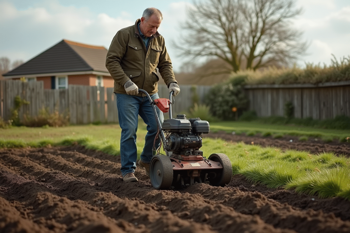 Homme en tenue de travail utilisant un rotavator dans un jardin rural