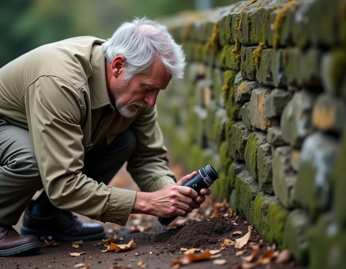 Naturaliste inspectant des crottes au pied d'un vieux mur en pierre dans un jardin pour identifier leur origine