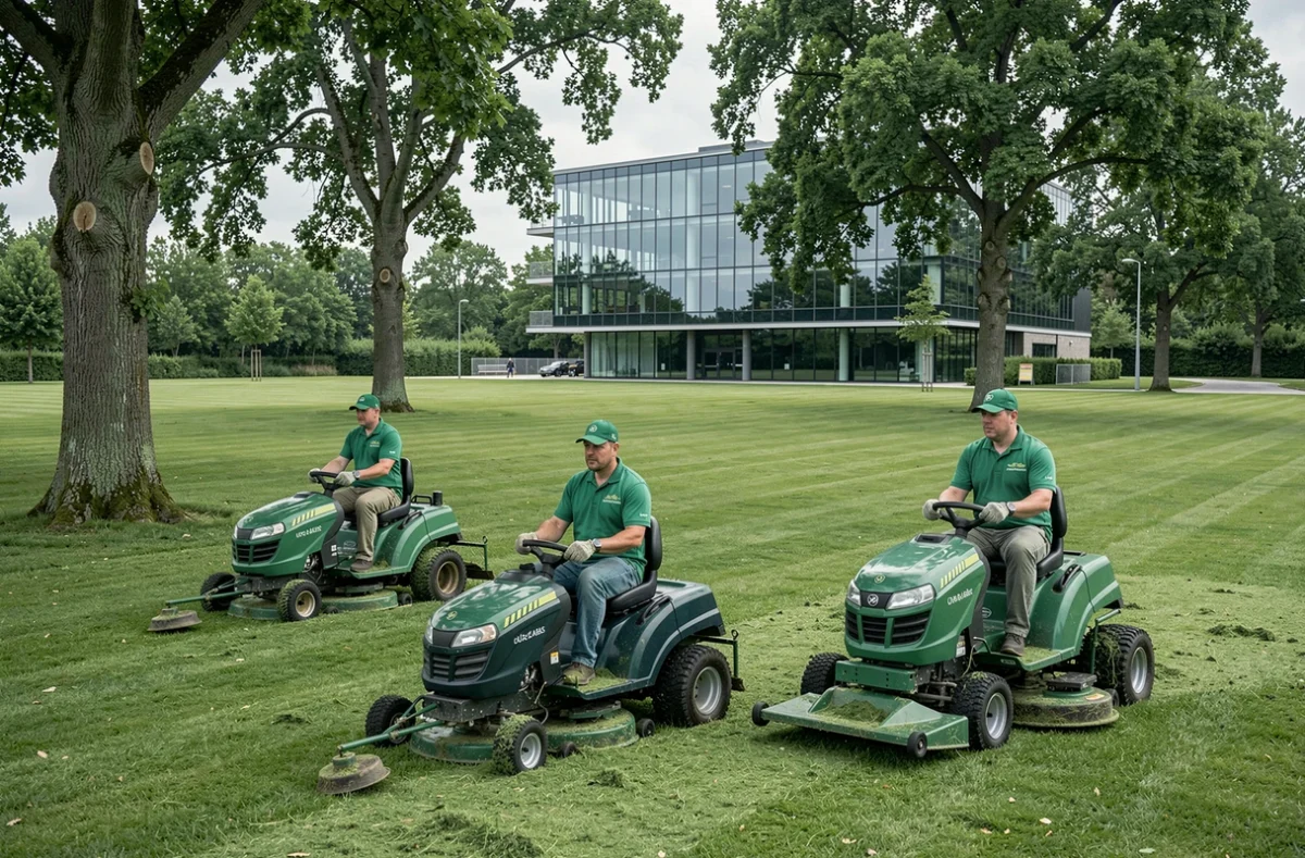 Équipe Idverde entretenant les espaces verts d'un parc d'activités en Seine-et-Marne avec tondeuses et équipements professionnels