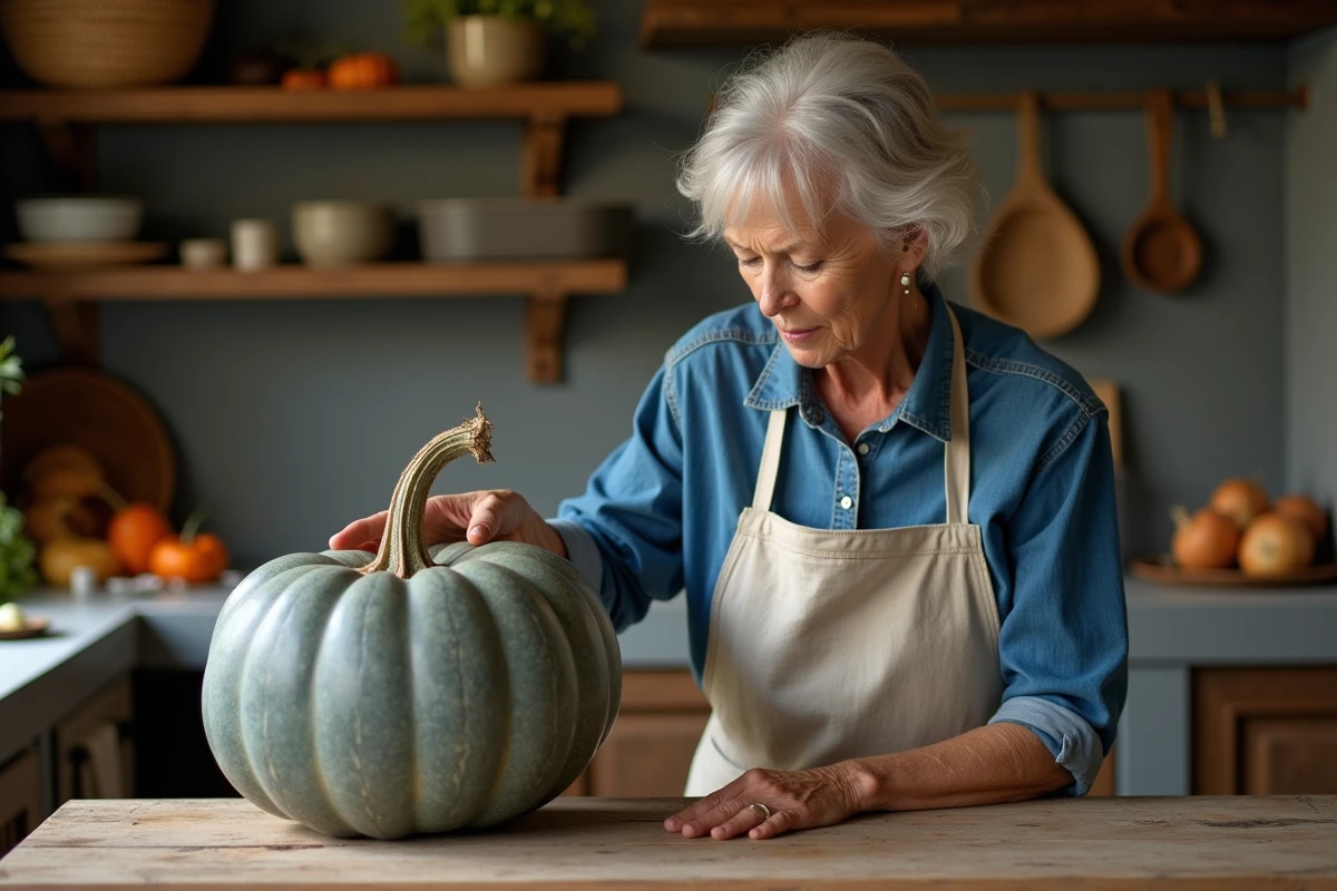 Femme inspectant une citrouille Bleu de Hongrie sur une table en bois rustique dans une cuisine de ferme