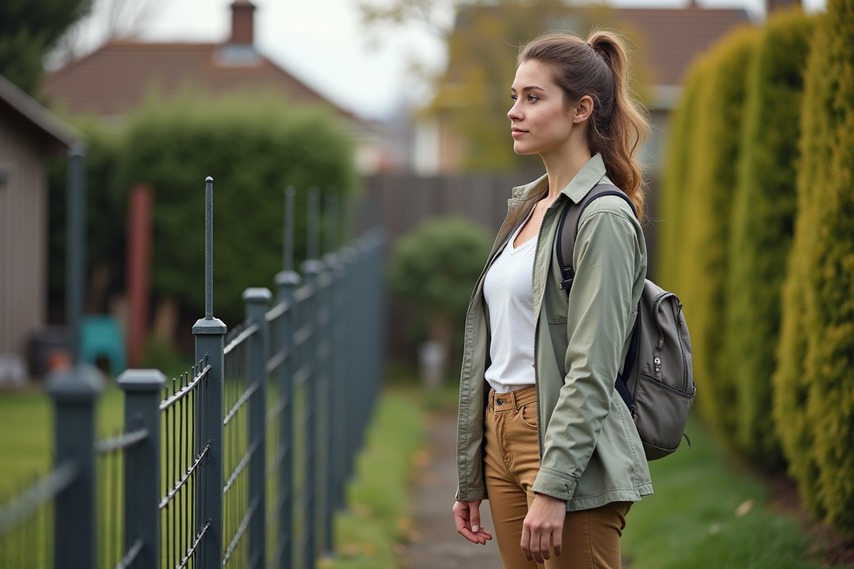 Jeune femme inspectant des poteaux de clôture dans un jardin