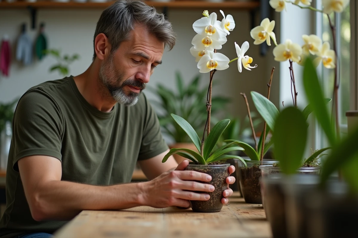 Homme inspectant les racines d'une orchidée soulevée hors de son pot transparent dans un atelier de jardinage intérieur