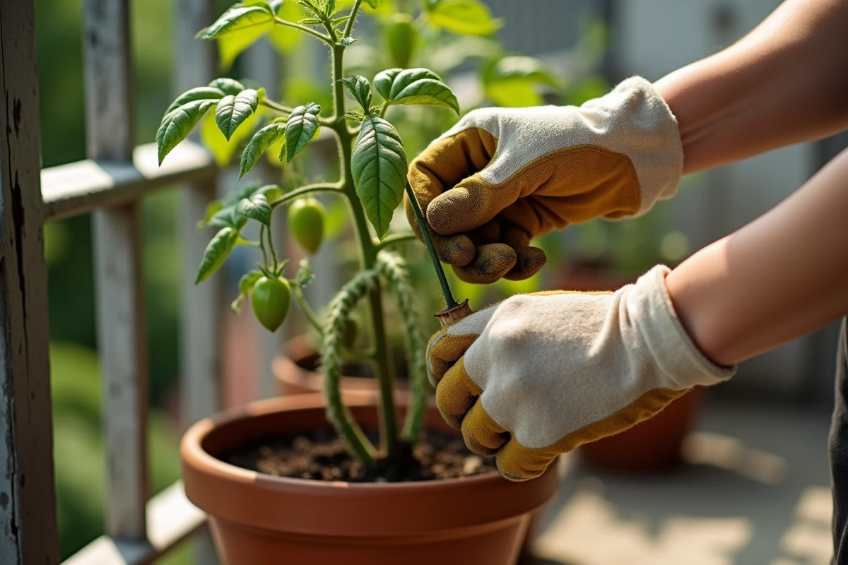 Femme inspectant un plant de tomate en pot sur un balcon urbain, repérant des lésions et stries sombres sur la tige
