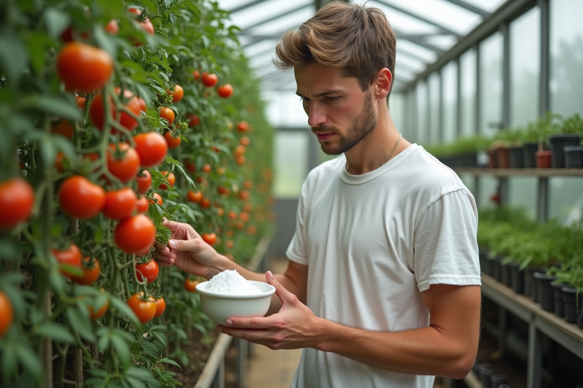 Jeune homme inspectant tomates mûres en serre