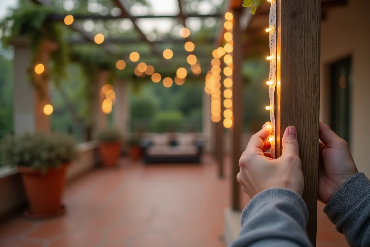 Gros plan sur l'installation d'une bande LED solaire sous une pergola de balcon en bois