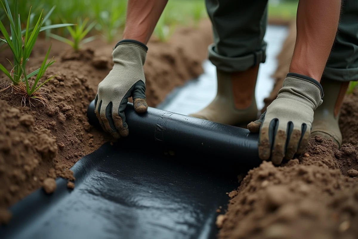 Pose d'une barrière anti-rhizomes en HDPE dans une tranchée de jardin pour contenir les bambous envahissants