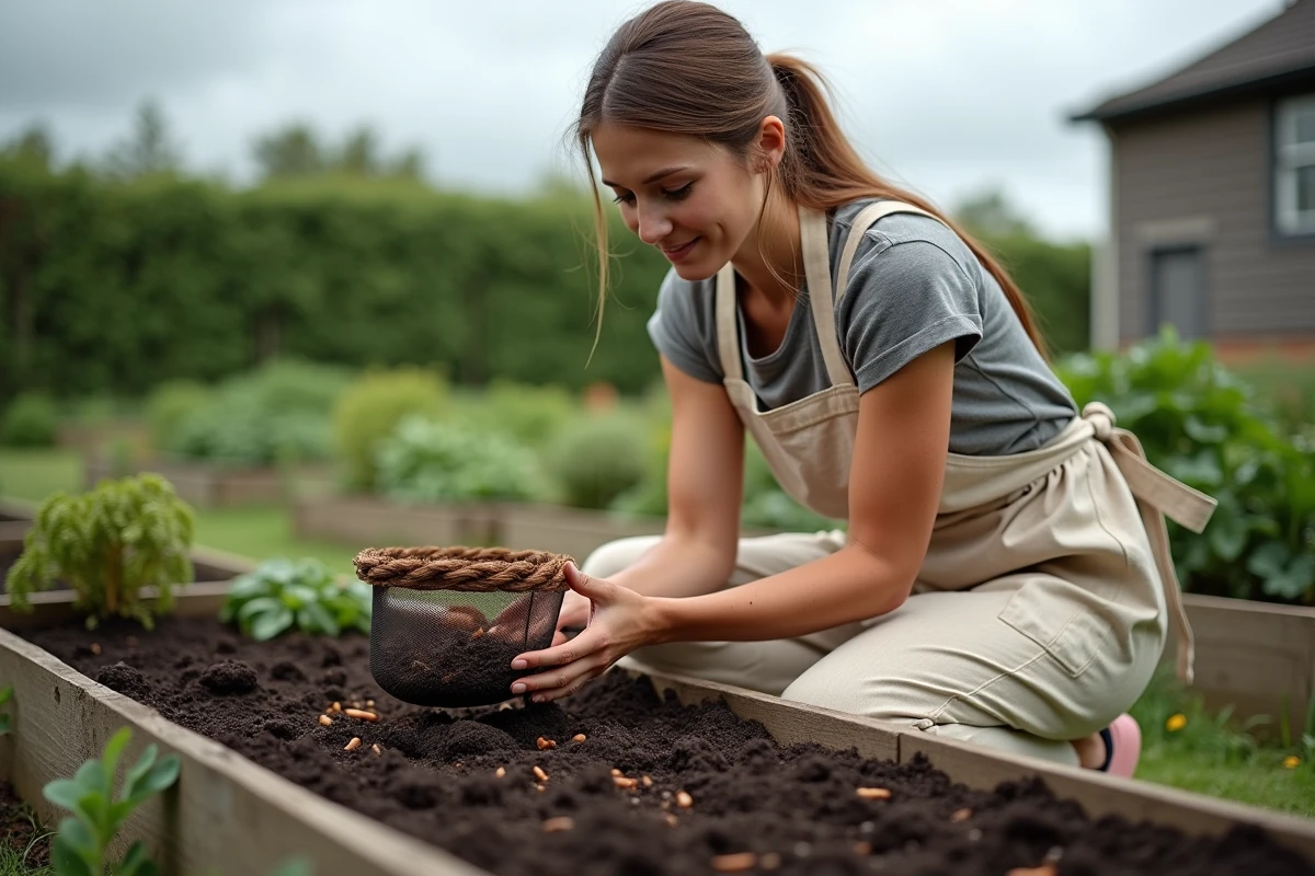 Femme introduisant des vers de terre dans un potager en pleine air après leur achat
