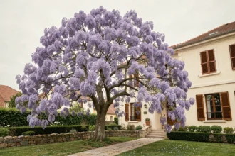 Jacaranda en fleurs violettes planté près d'une maison résidentielle française avec allée en pierre