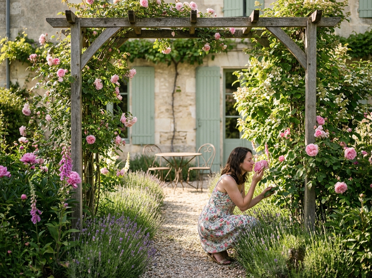 Jardin champêtre romantique à Bordeaux avec roses, glycine et pergola en bois, femme se promenant dans un espace fleuri naturel