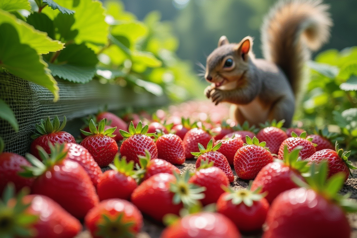 Jardin de fraises protégées par un filet avec un écureuil curieux