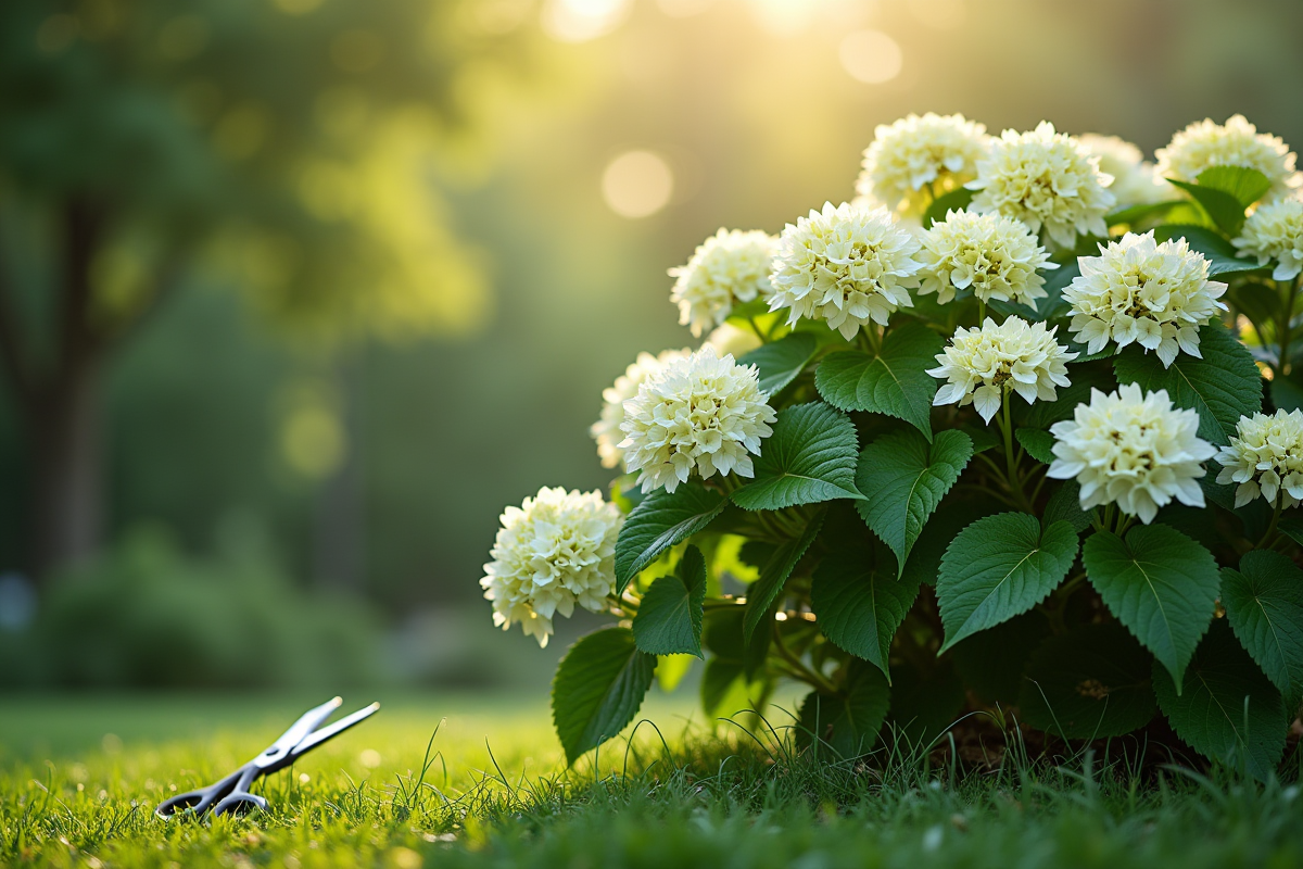 Arbuste d hortensia taillé avec ciseaux sur lherbe humide