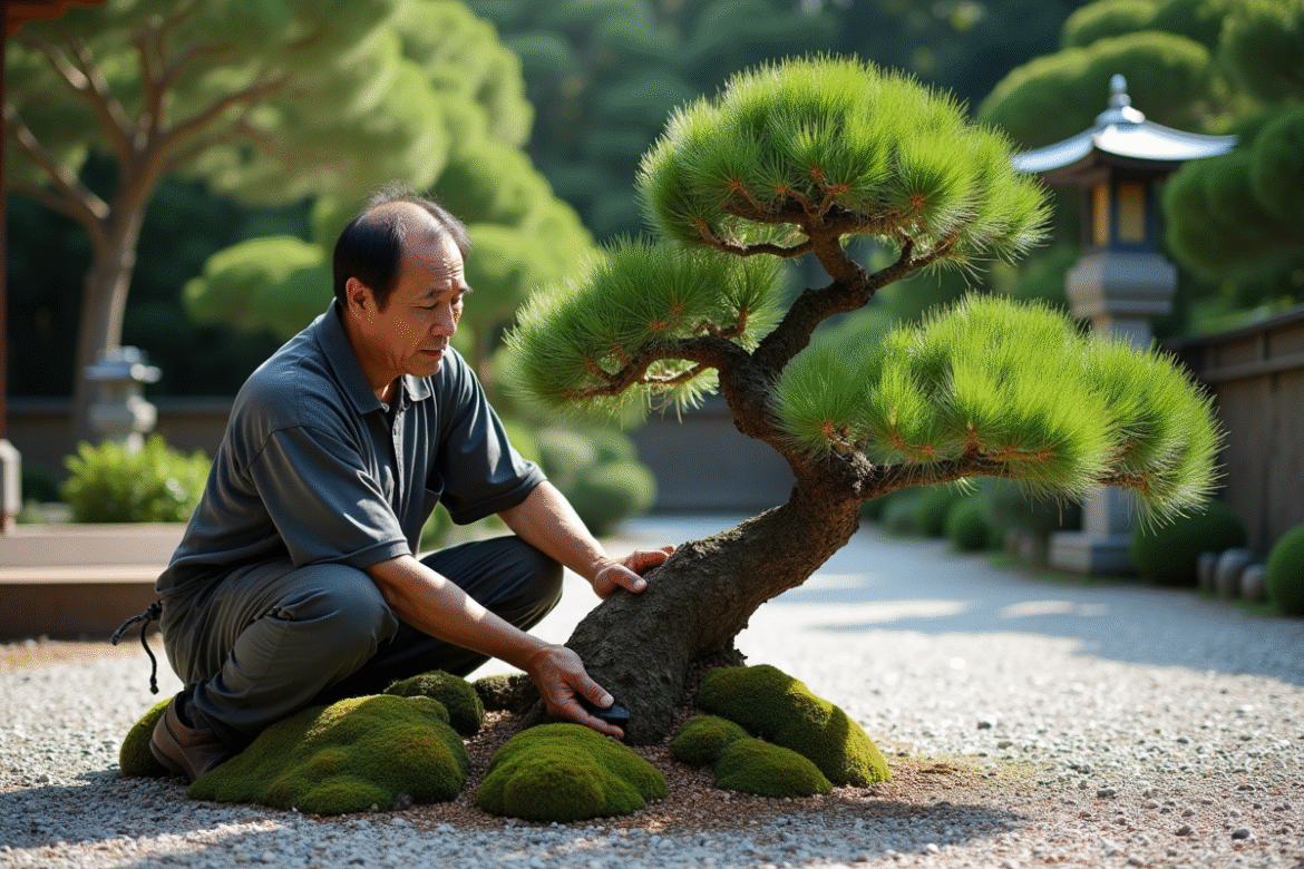 Jardin japonais avec un niwaki mature en forme dans un cadre paisible