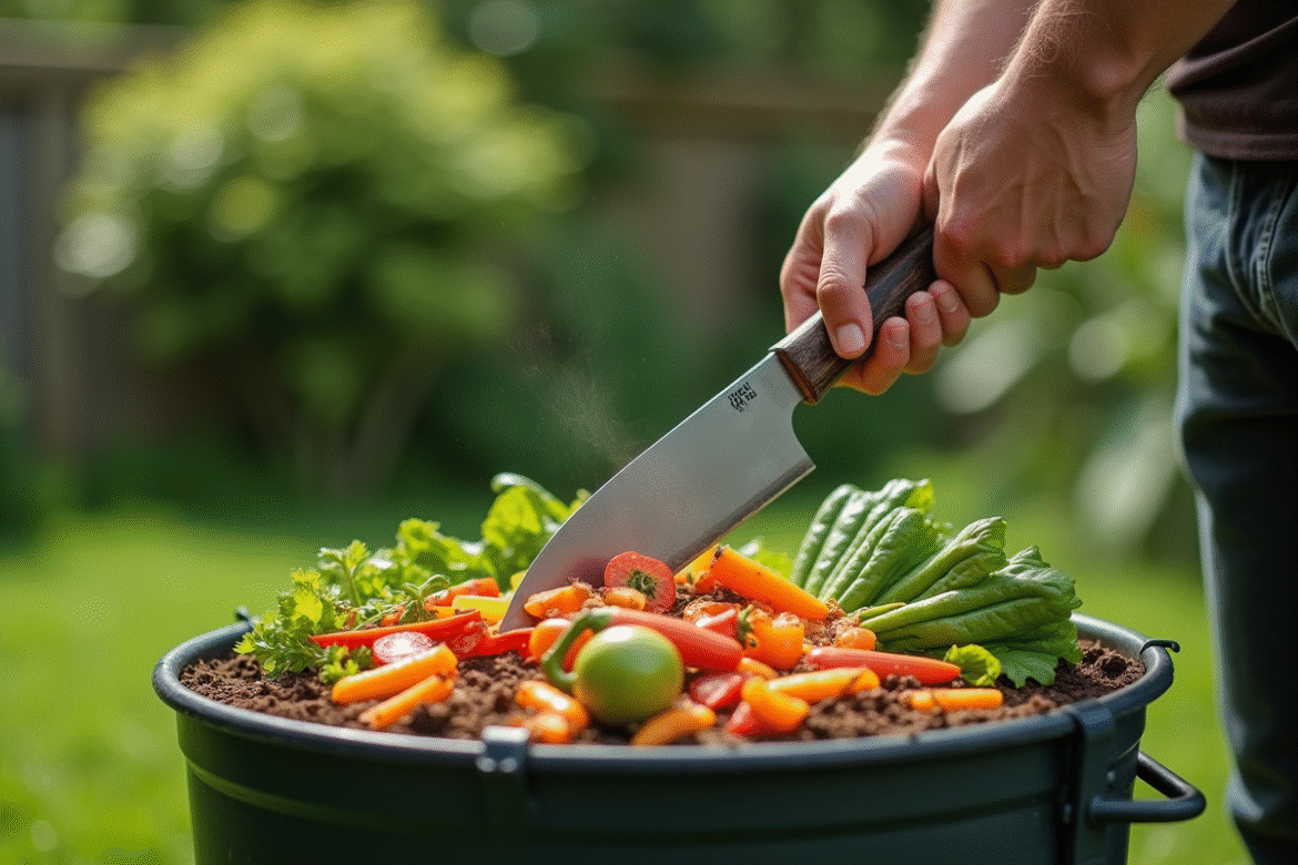 Personne utilisant une machette robuste pour couper des déchets végétaux dans un composteur en jardin