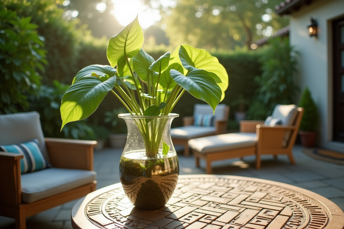 Jardin patio avec pothos dans un vase décoratif