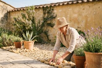 Jardin sec méditerranéen à Bordeaux avec gravier, agaves et lavande, femme arrangeant des pierres dans un espace paysager minimaliste