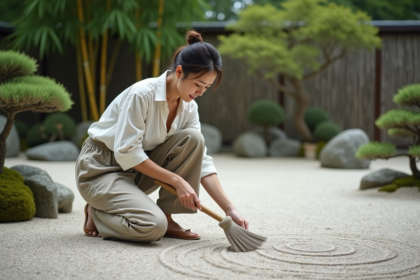 Femme méditant dans un jardin zen japonais calme