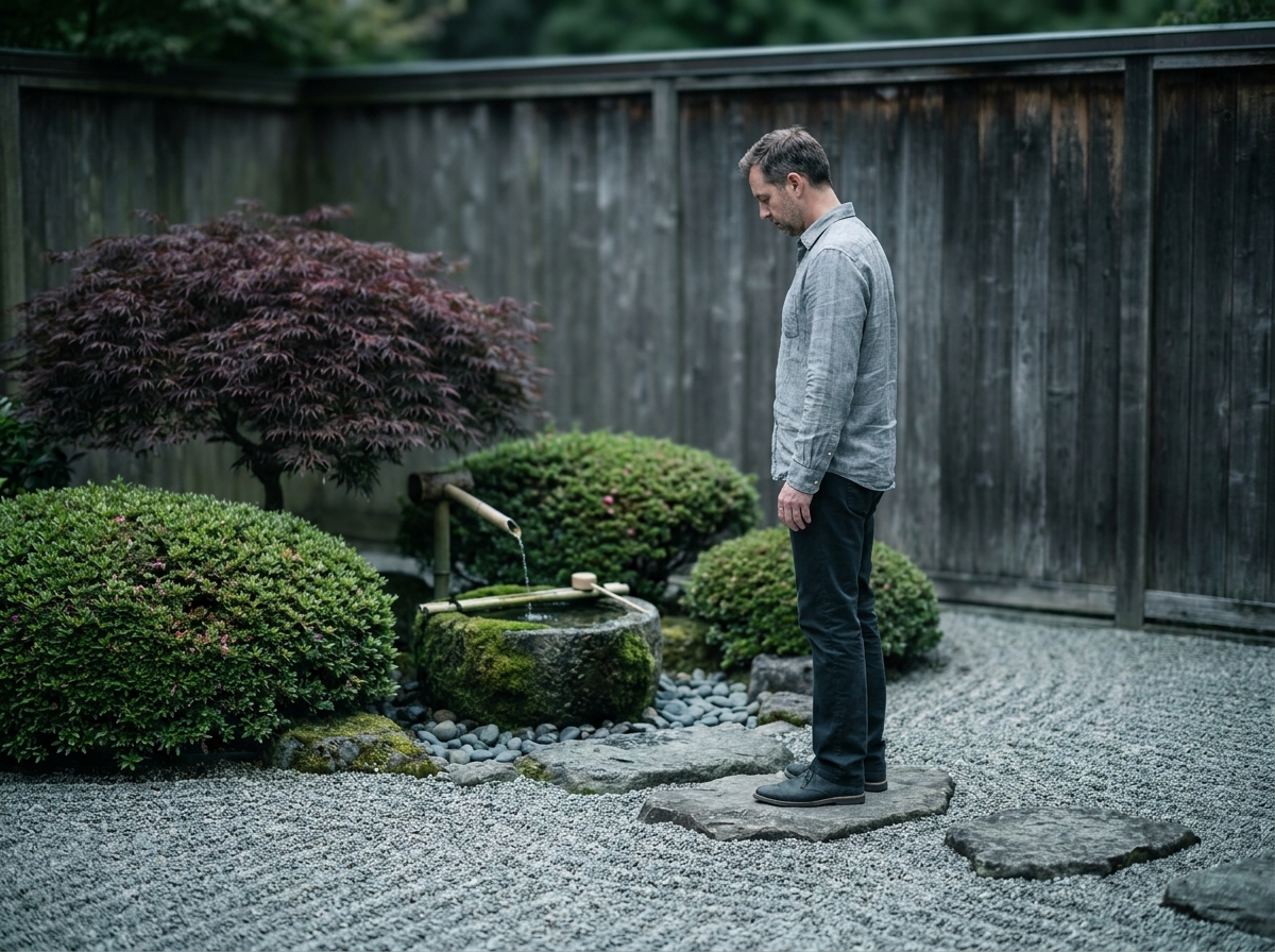 Jardin zen japonais à Bordeaux avec gravier ratissé, bassin en pierre et érable japonais, homme en contemplation dans un espace paisible