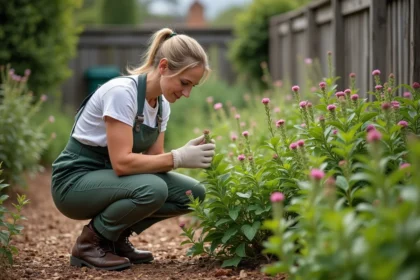 Femme jardinant inspectant un buisson de waxflower