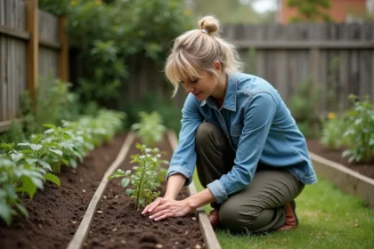 Femme plantant des jeunes tomates dans un jardin verdoyant