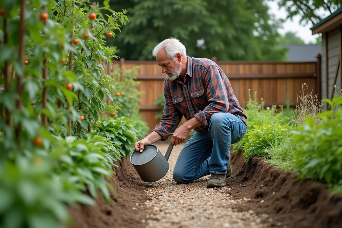 Homme arrosant des tomates dans un jardin extérieur verdoyant