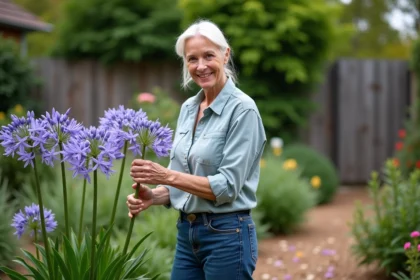 Jardiniere femme en train de tailler des agapanthus dans un jardin