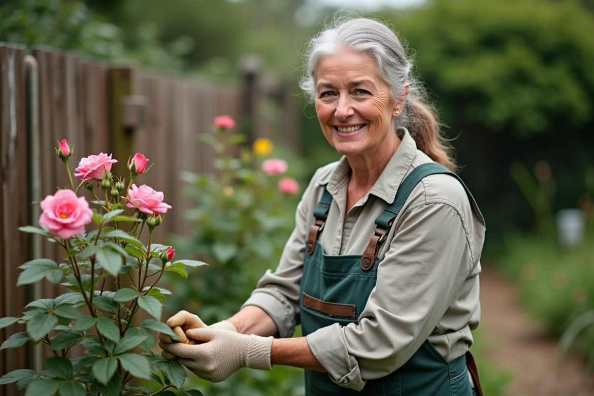 Femme d'âge moyen taillant un rosier dans le jardin