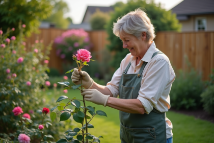 Femme jardinant avec un rosier en pleine croissance