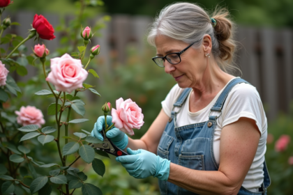 Femme en jardinage taillant un rosier en fleurs