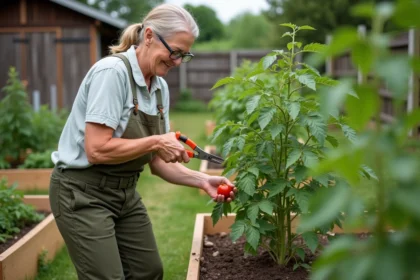 Femme en jardinage taillant un plant de tomates dans un jardin