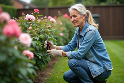 Femme en jardinage taillant des roses dans un jardin