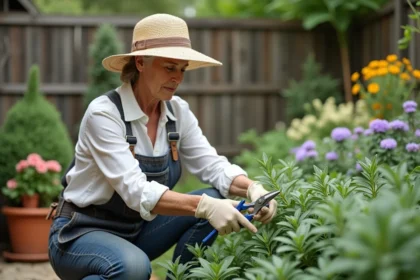 Femme taillant une sauge dans un jardin ensoleille
