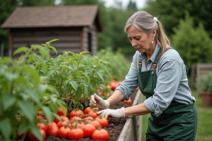 Femme jardinant avec bicarbonate sur tomates saines