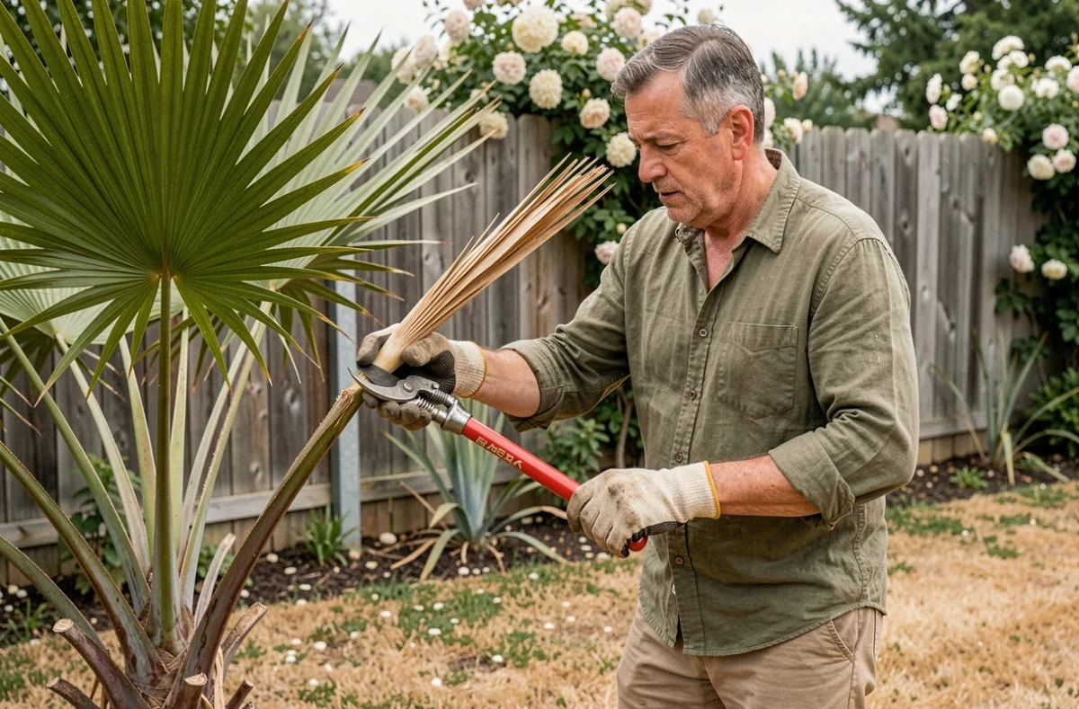 Jardinier en train de couper les fleurs sèches d'un palmier affaibli avec un sécateur dans un jardin résidentiel