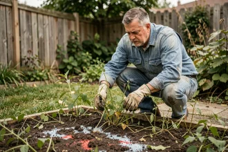Jardinier frustré observant des mauvaises herbes persistantes après l'application d'un désherbant Radikal dans un jardin résidentiel