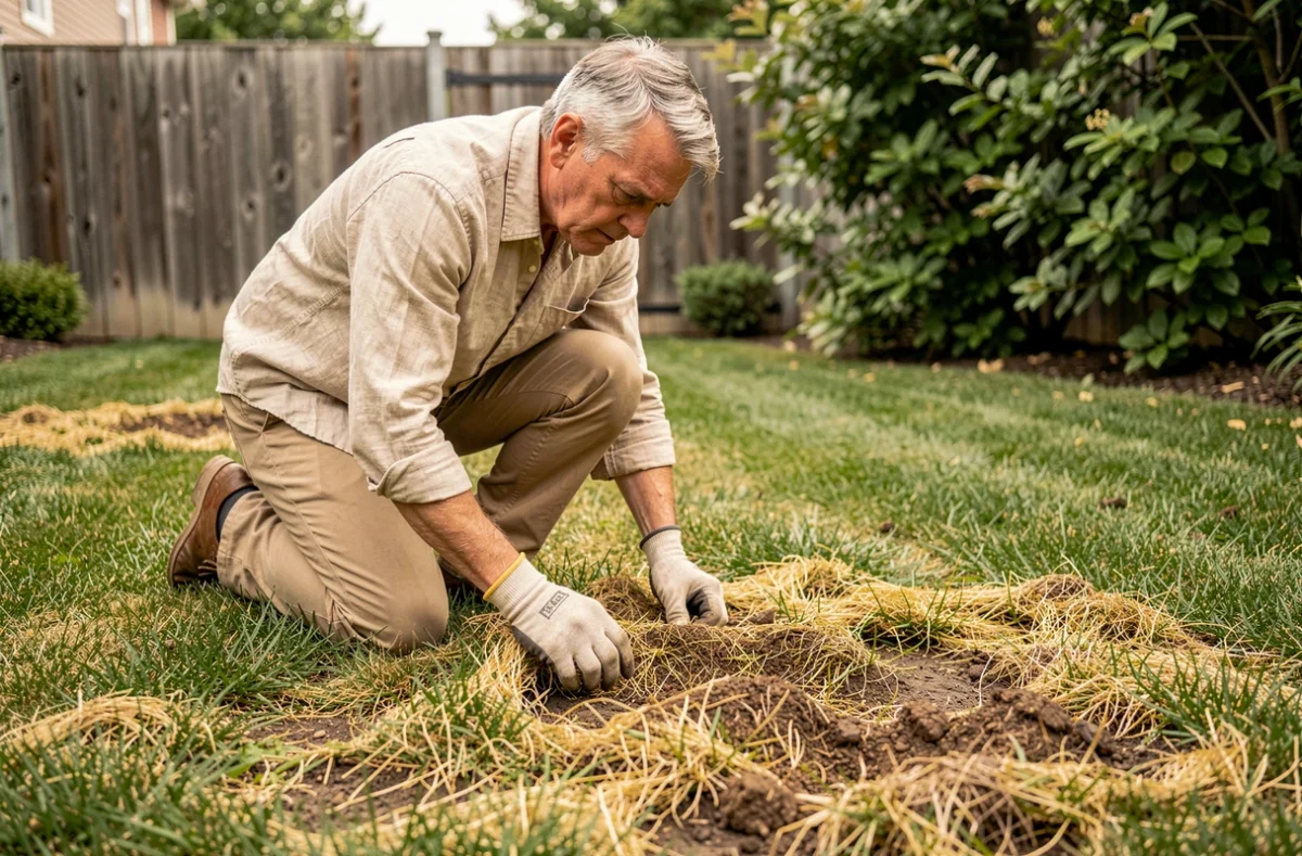 Jardinier inspectant une zone de gazon endommagée par les larves de hannetons dans un jardin résidentiel