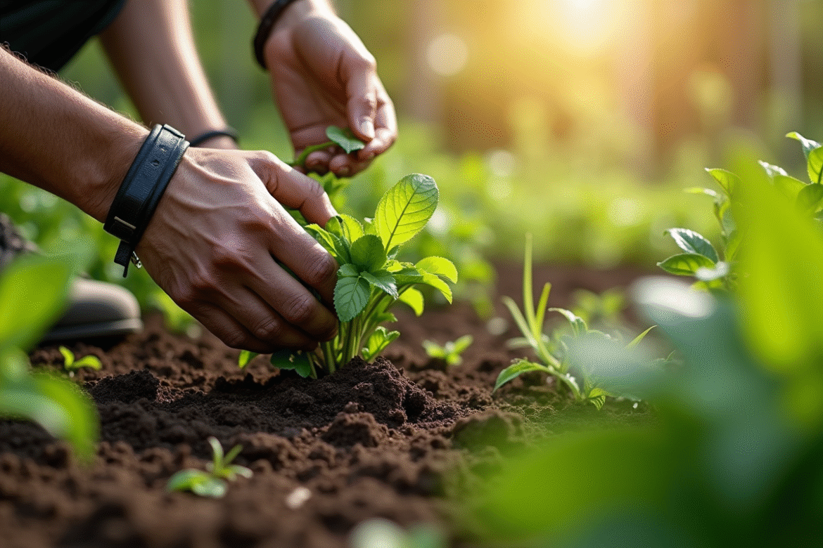Mains de jardinier arrachant des mauvaises herbes dans un jardin verdoyant