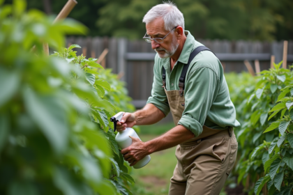 Homme jardinier vaporisant une solution naturelle sur tomates