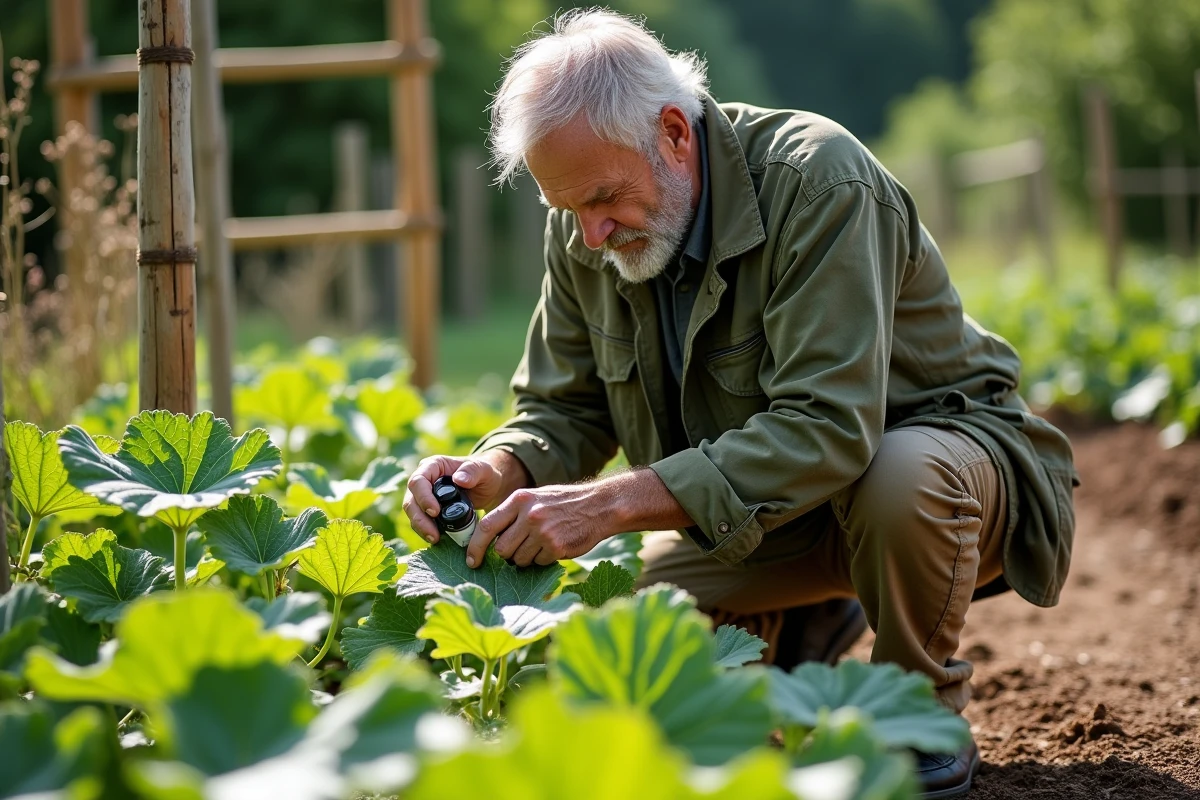 Jardinier âgé appliquant un traitement biologique contre l'oïdium sur feuilles de christophine au potager