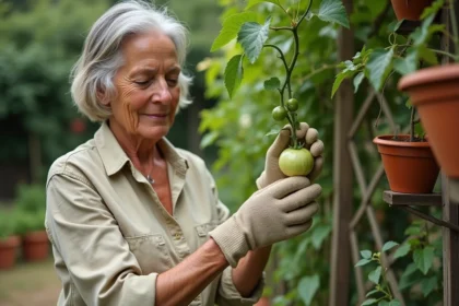 Jardinière bio inspectant des christophines sur treille en bois dans un potager écologique