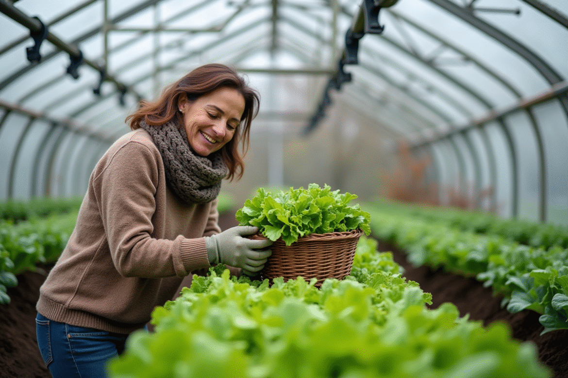 Femme récoltant des laitues vertes dans une serre moderne