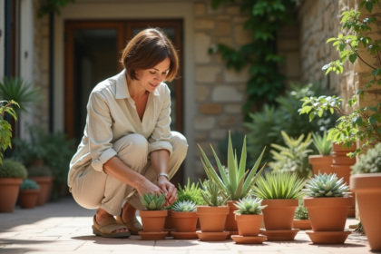 Femme d'âge moyen prenant soin de plantes grasses en terrasse
