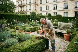 Jardinier professionnel travaillant dans un jardin privé parisien avec haies taillées et parterre de fleurs