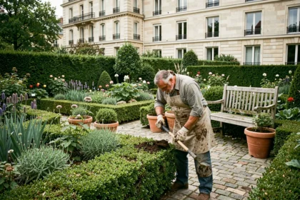 Jardinier professionnel travaillant dans un jardin privé parisien avec haies taillées et parterre de fleurs