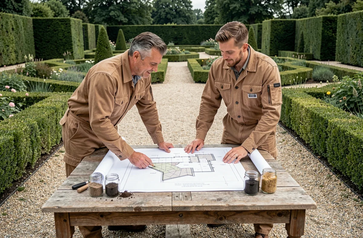 Équipe Jardins de Gally planifiant un aménagement paysager dans un jardin à la française avec allées en gravier
