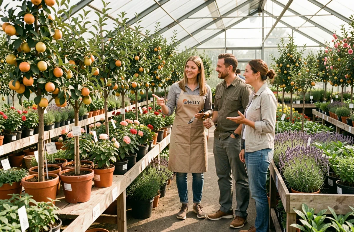 Conseillère des Jardins de Gally accompagnant des clients dans une jardinerie verdoyante aux portes de la Seine-et-Marne