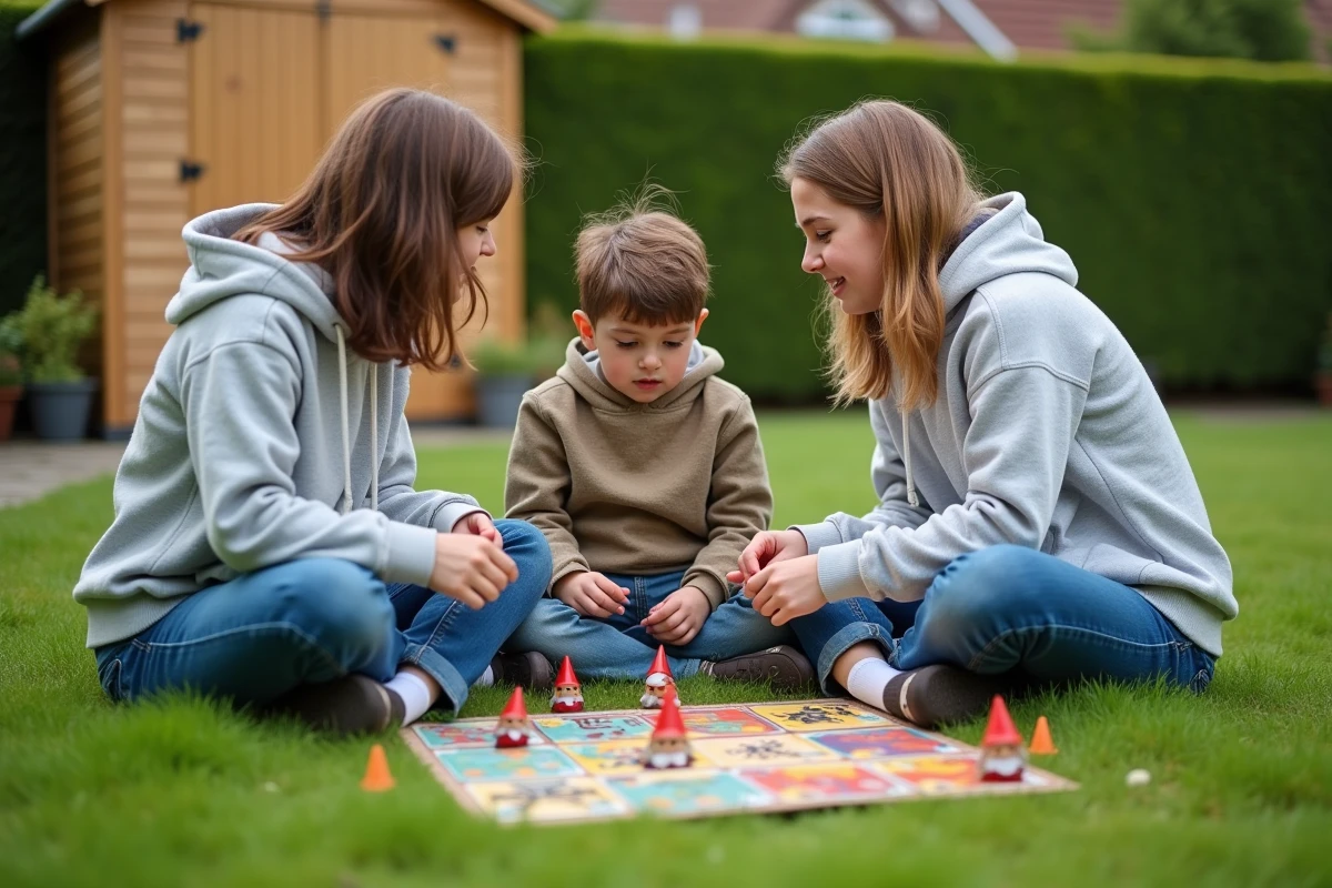 Adultes et adolescent jouant à un jeu coopératif avec des figurines de nains de jardin assis dans l'herbe