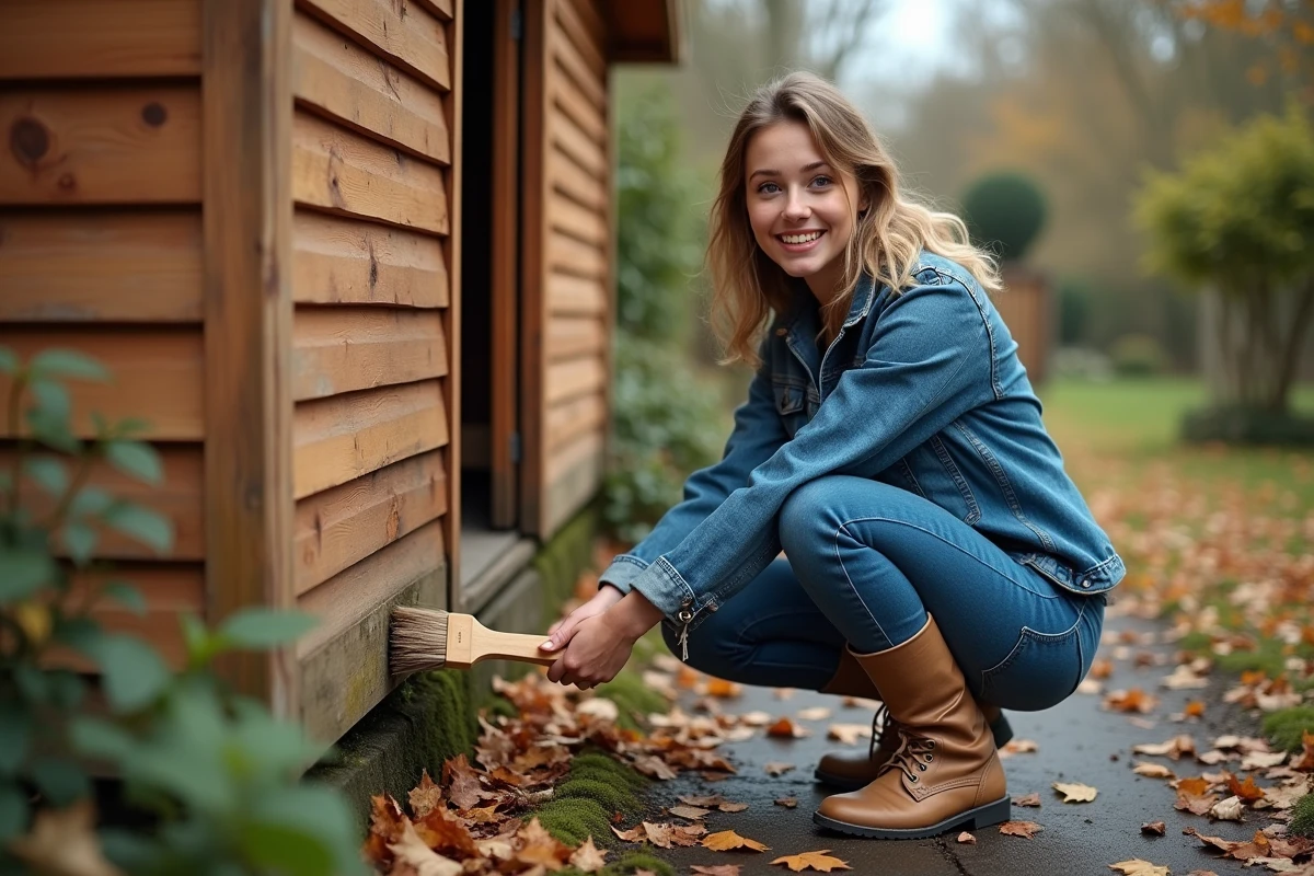 Jeune femme nettoyant un abri de jardin en bois