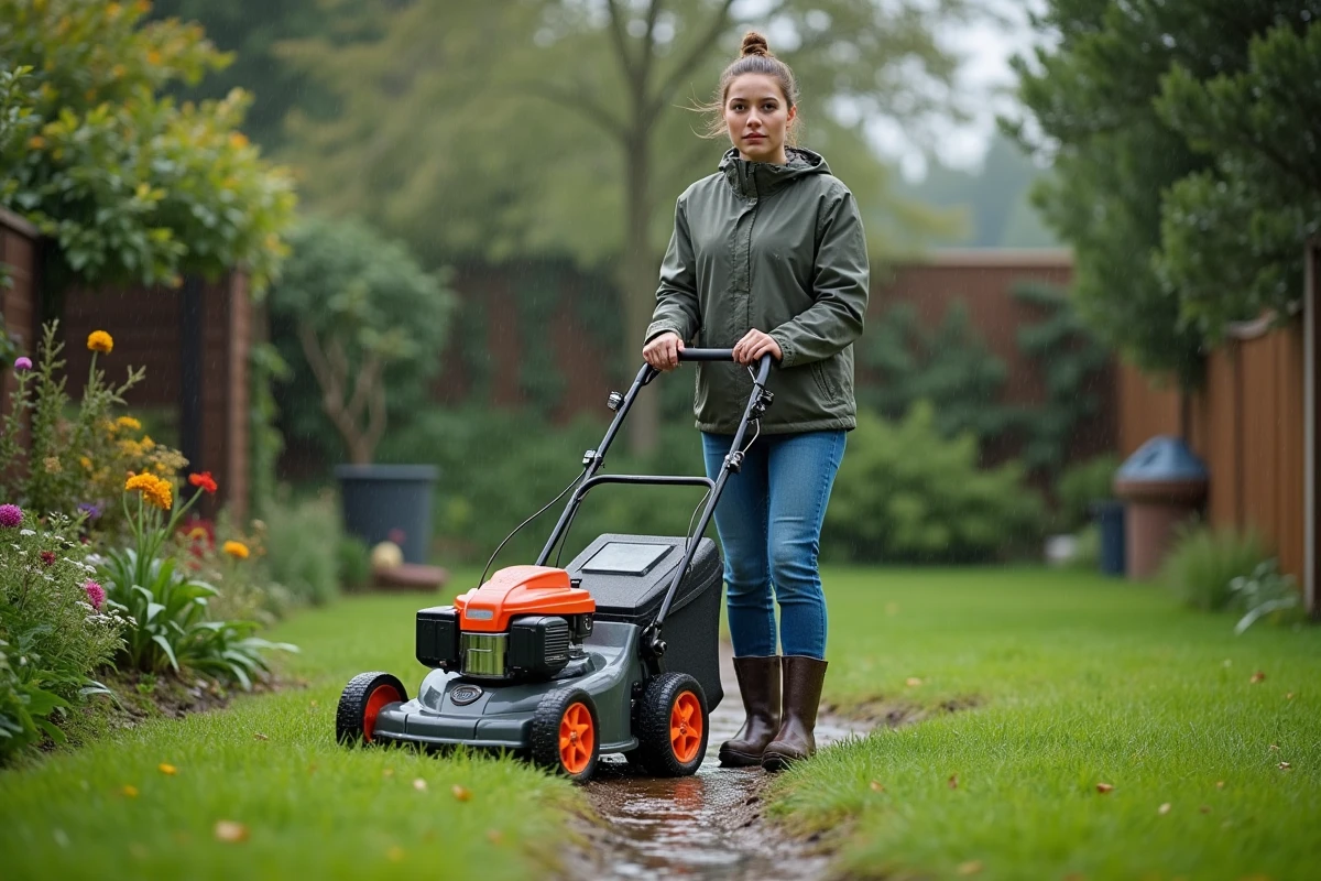Jeune femme poussant une tondeuse électrique dans un jardin après pluie