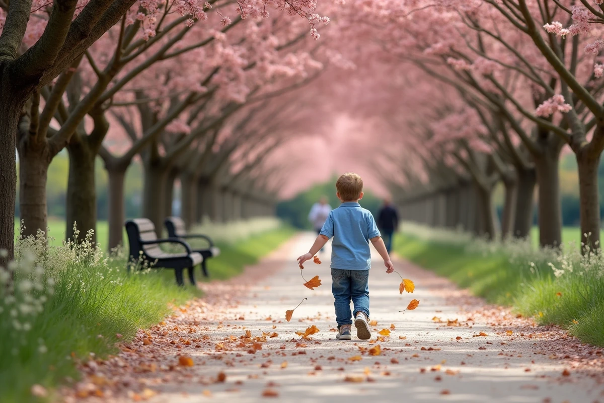 Jeune garçon ramassant des feuilles dans un parc