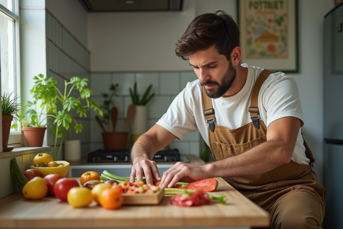 Jeune homme triant des déchets de fruits dans une cuisine